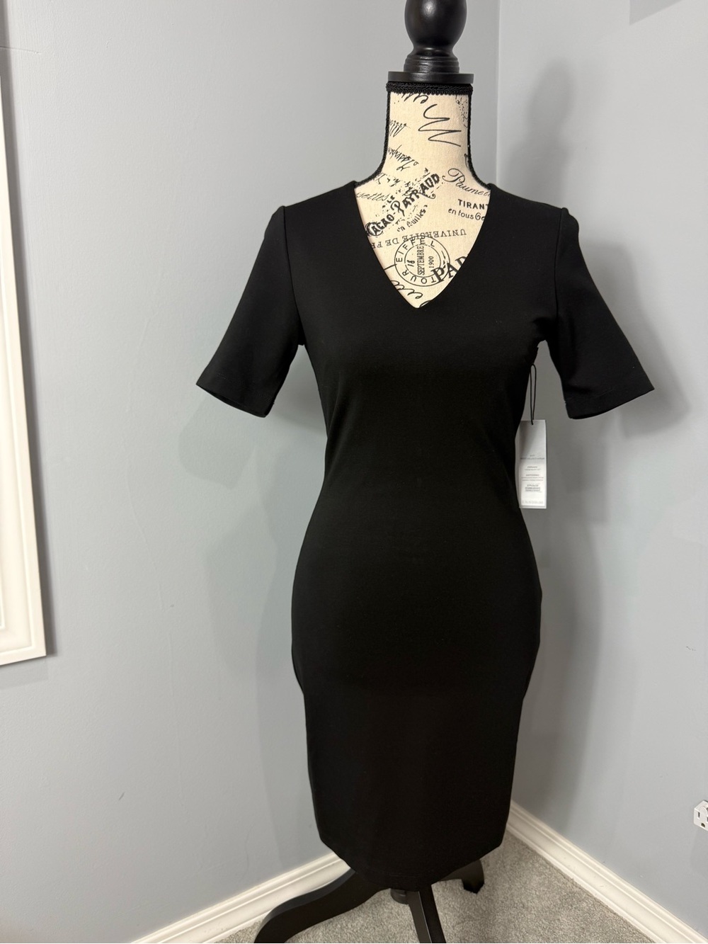 White House Black Market Black V-Neck Midi Sheath Dress with Short Sleeves